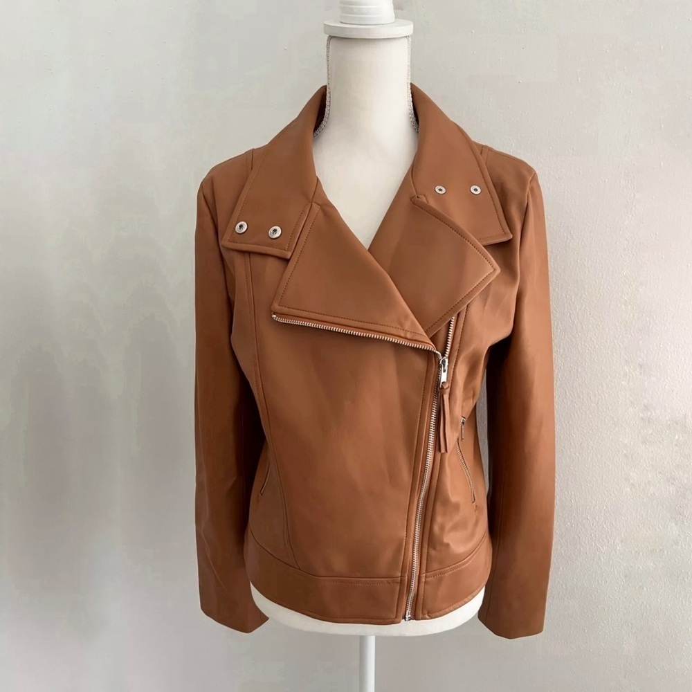 Susana Monaco Faux Leather Biker jacket in Camel Brown | Women’s Size Samll